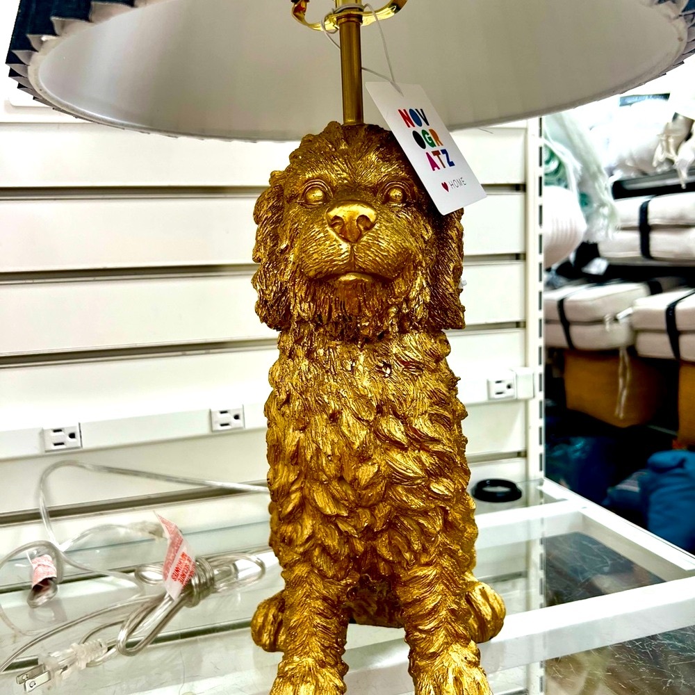 NEW Elegant Golden Doodle puppy size brushed Gold Lamp with Black lamp Shade